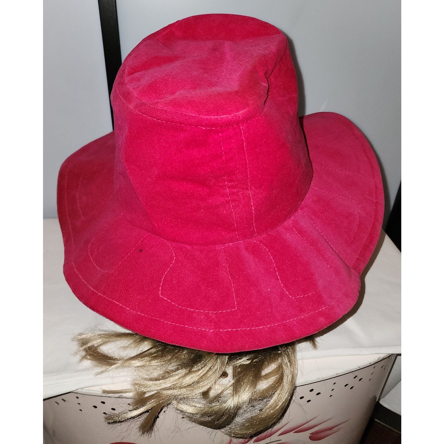 Vintage floppy hat 1960s large bright pink velvet floppy hat embroidered design hippie boho glam 22 in.