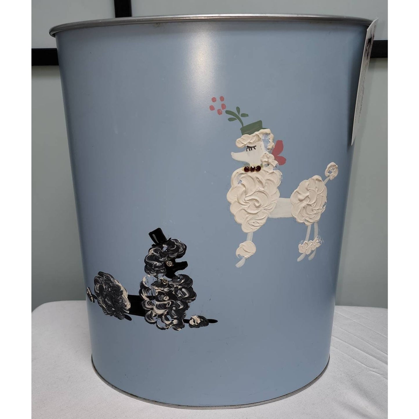 Vintage 1950s Poodle Metal Wastebasket Tissue Box Set Blue Handpainted Poodles Rhinestones Trash Can Tissue Holder Mid Century Rockabilly