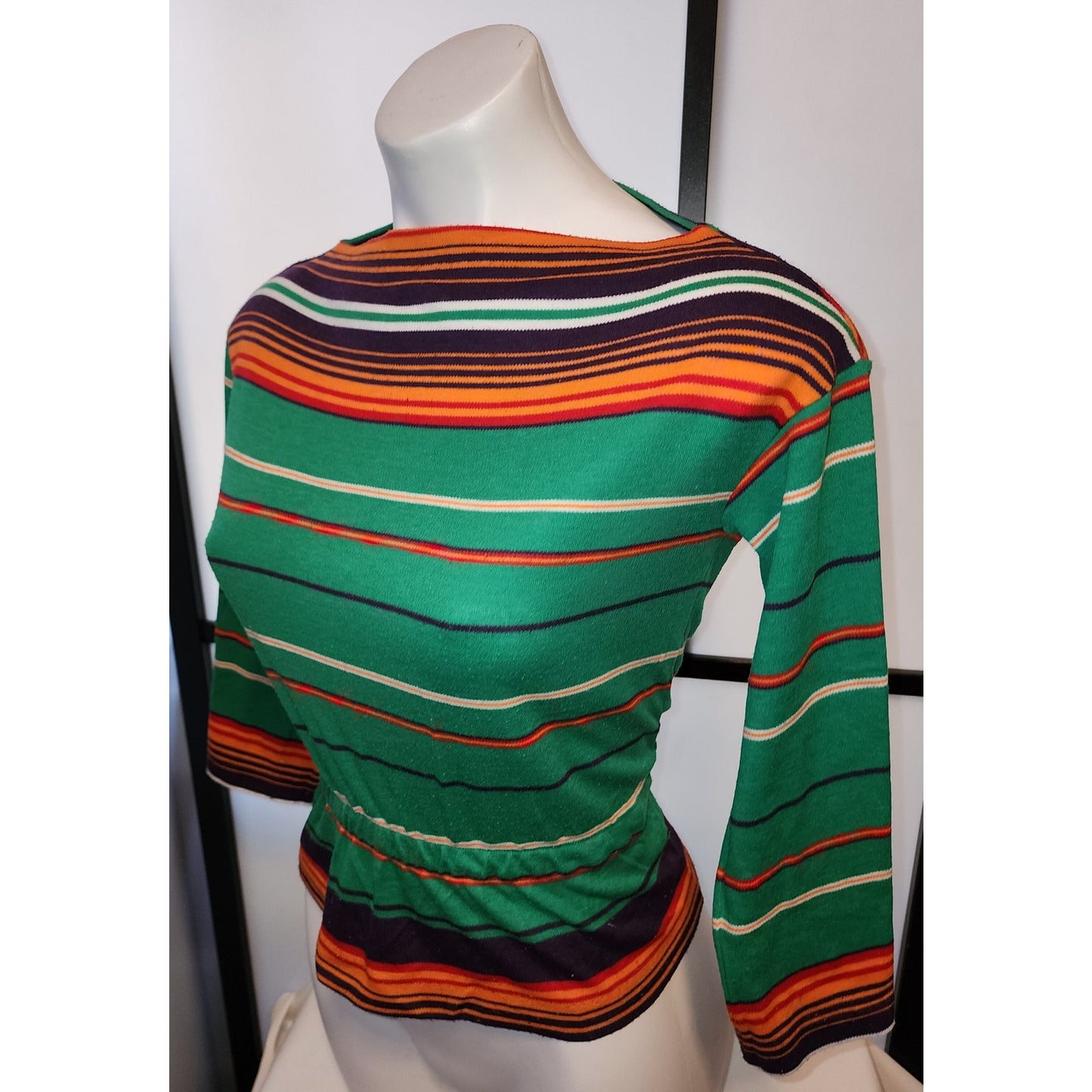 Vintage 1970s Shirt Green Orange Black Striped Boat Neck Pullover Top Boho S