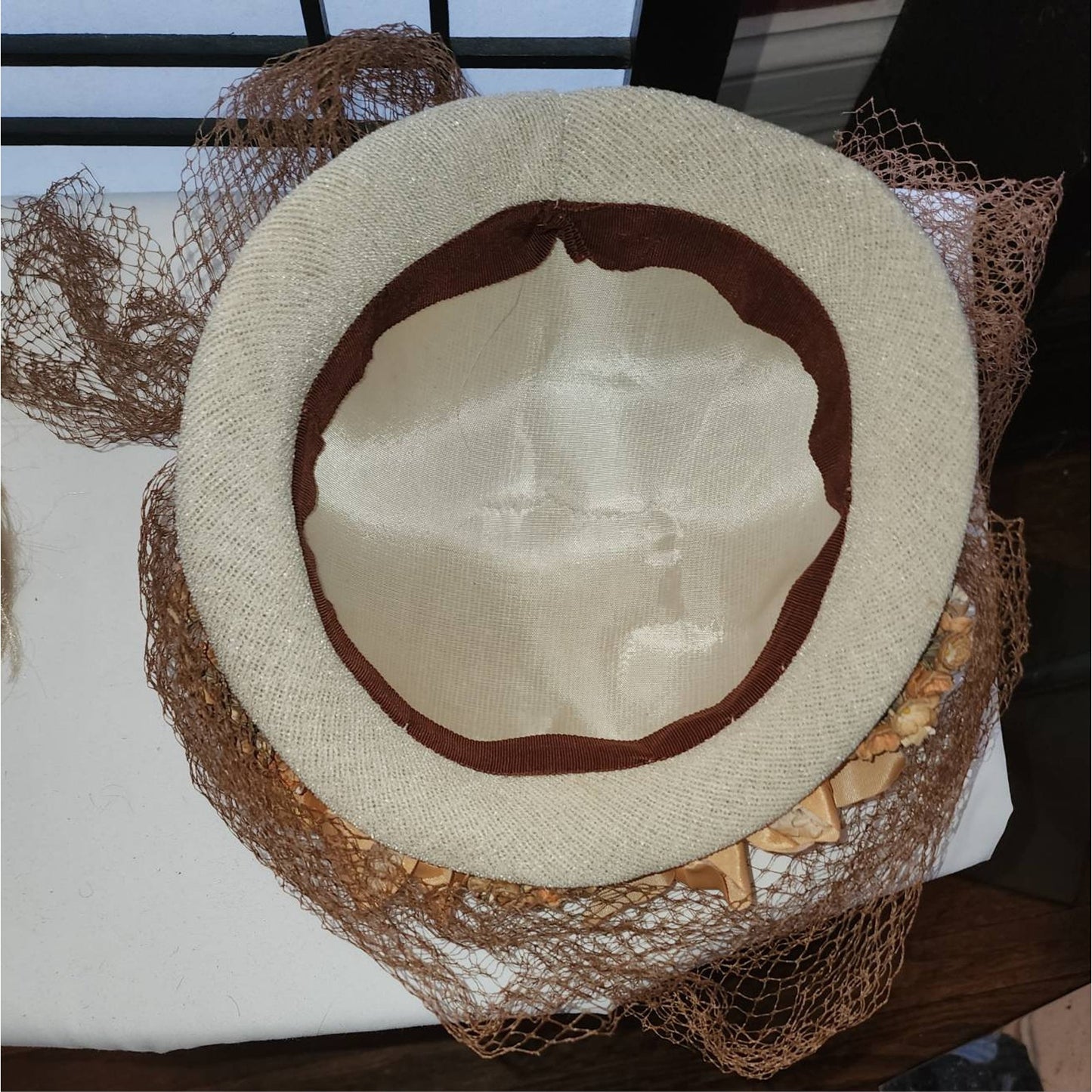 Vintage 1930s 40s Hat Round Cream Straw Hat Orange and Brown Flowers Ribbons Large Brown Veil Art Deco Country 21 in.