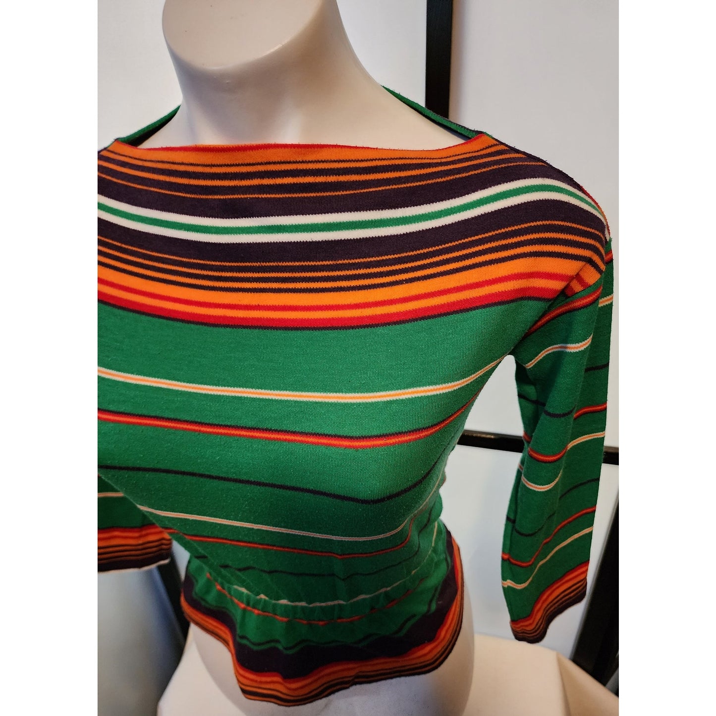 Vintage 1970s Shirt Green Orange Black Striped Boat Neck Pullover Top Boho S