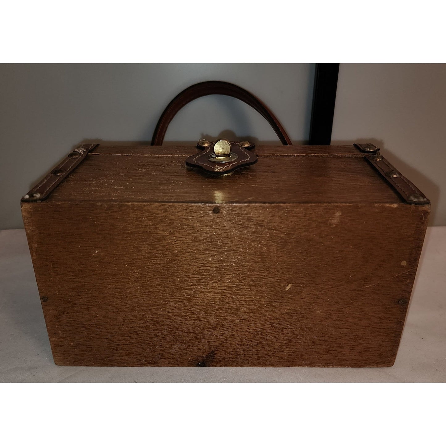 Vintage Box Purse 1960s Brown Wood Box Purse Gold Metal Studs Simon Hong Kong