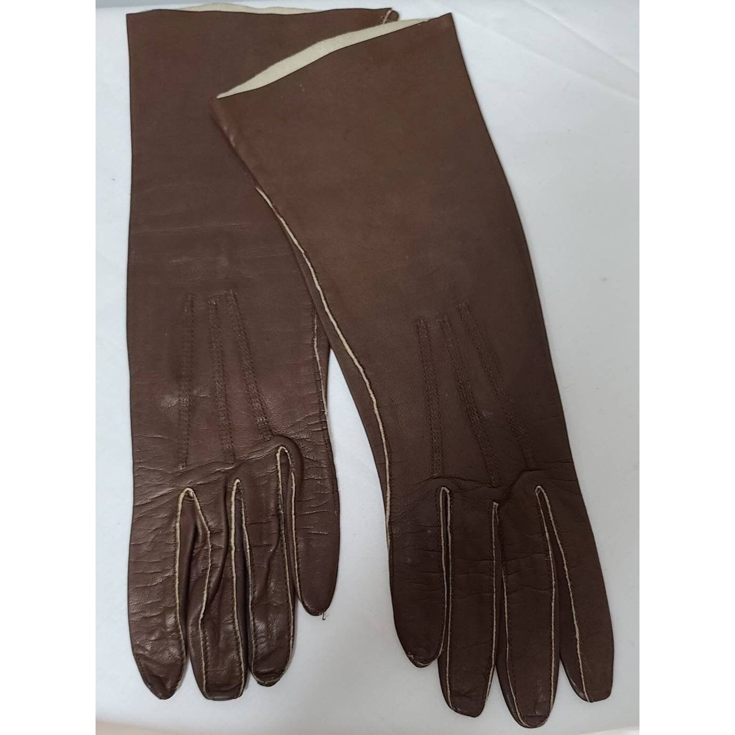 Vintage Leather Gloves 1950s 60s Midlength Thin Brown Leather Gloves Rockabilly Pinup 6.5