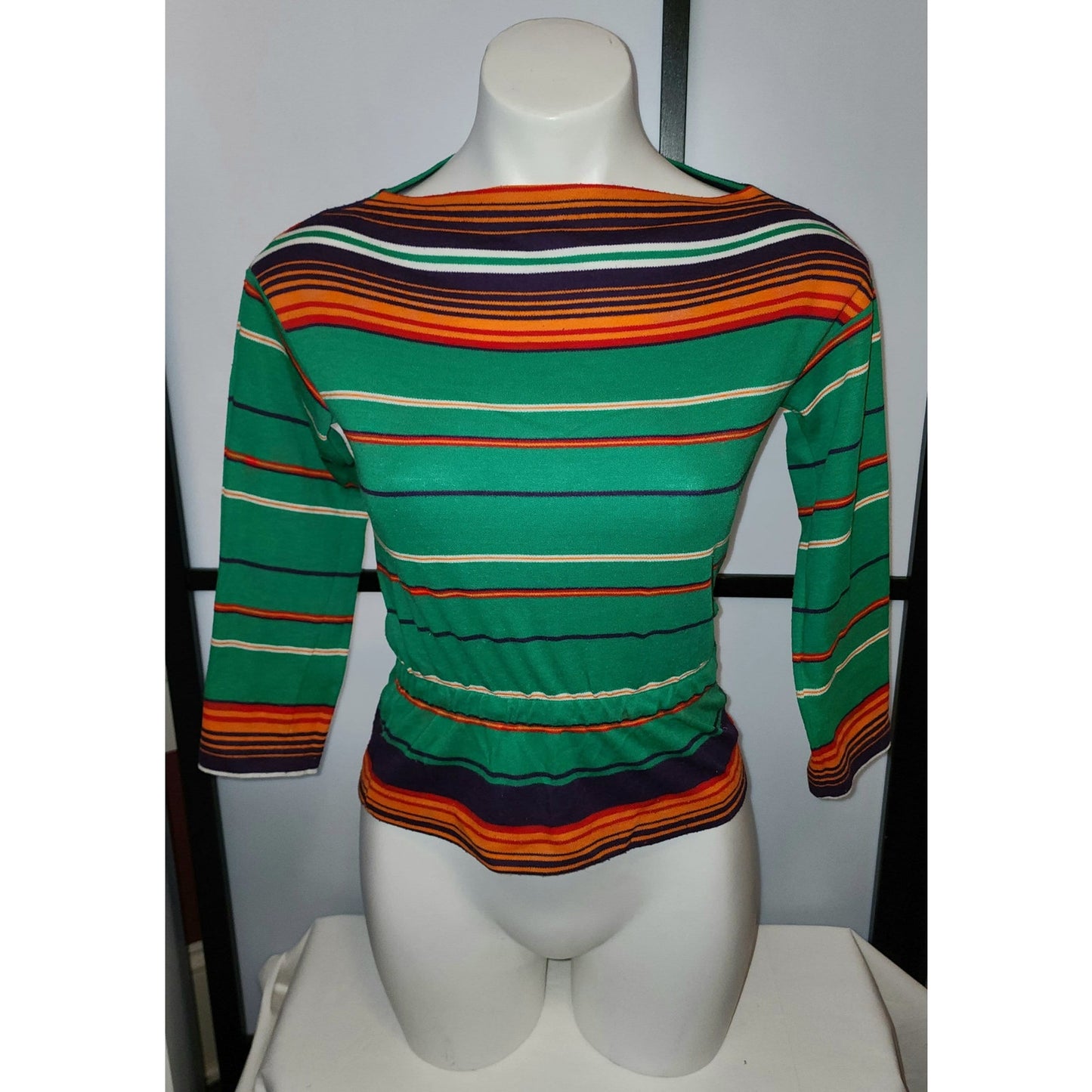 Vintage 1970s Shirt Green Orange Black Striped Boat Neck Pullover Top Boho S