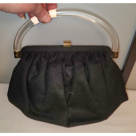 Vintage Wool Purse 1940s 50s Black Wool Purse Large Clear Lucite Acrylic Handle Ingber Mid Century