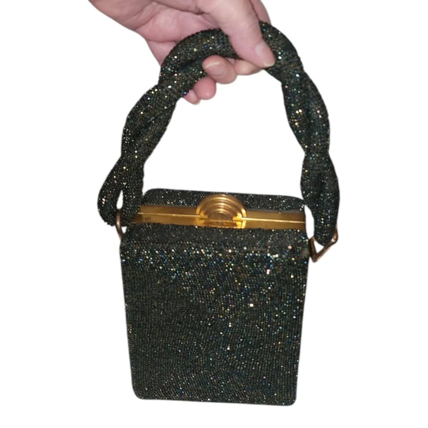 Vintage 1930s Purse Black Iridescent Carnival Glass Micro Bead Box Purse Braided Bead Handle Gold Metal Frame Art Deco Mid Century