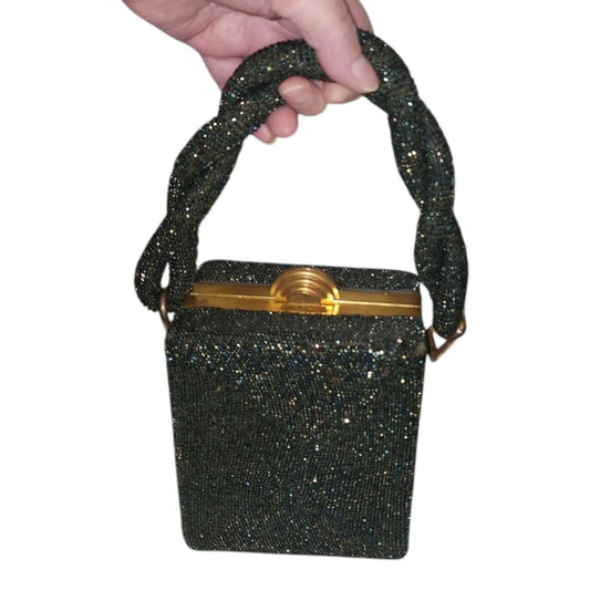 Vintage 1930s Purse Black Iridescent Carnival Glass Micro Bead Box Purse Braided Bead Handle Gold Metal Frame Art Deco Mid Century