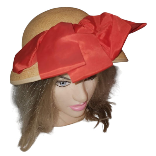 Vintage Panama Hat 1920s 30s Womens Natural Straw Round Bucket Cloche Hat Red Silky Ribbon Bow Genuine Panama Art Deco 21 in.
