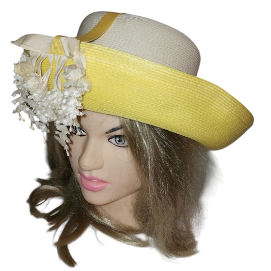 Vintage Jack McConnell Hat Yellow White Straw Floral Designer Hat Mid Century Sun Hat 21 inches