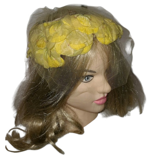 SALE Vintage Floral Hat 1950s Bright Yellow Floral Open Ring Hat Fine Net Veil Rockabilly Pinup Wedding