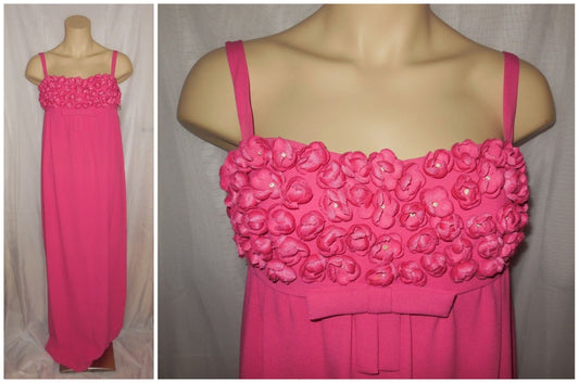 Vintage Designer Dress 1960s Paris Pret a Porter Long Hot Pink Column Gown Empire Waist Flowers on Bust Mod M