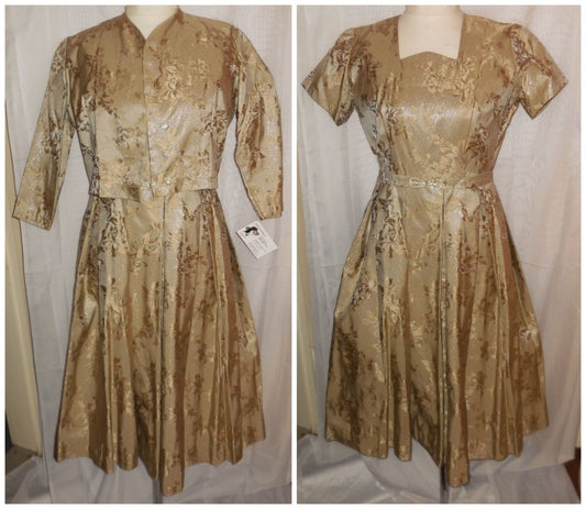 SALE Vintage 1950s Dress and Jacket Gold Metallic Brocade Floral Pattern Rhinestones Cocktail Rockabilly Glamour S chest to 36 in.