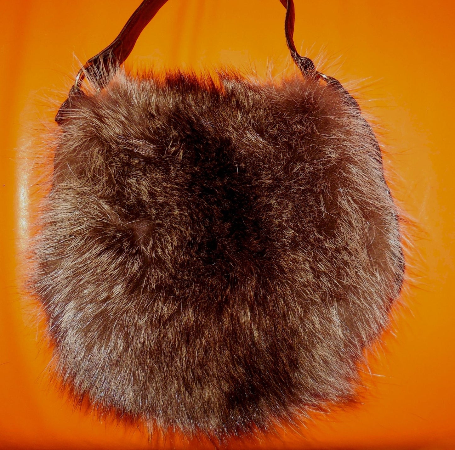 SALE Vintage Fur Muff 1980s Fluffy Raccoon Fur Leather Purse with Handwarmer Boho Mod
