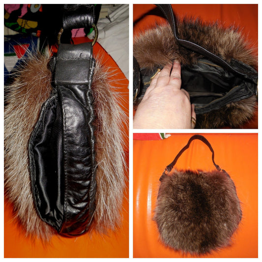 SALE Vintage Fur Muff 1980s Fluffy Raccoon Fur Leather Purse with Handwarmer Boho Mod
