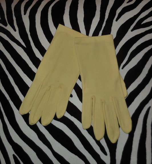 SALE Vintage 1960s Gloves Pale Yellow Nylon Fabric Wrist Length Rockabilly Mod 6 1/2 or so