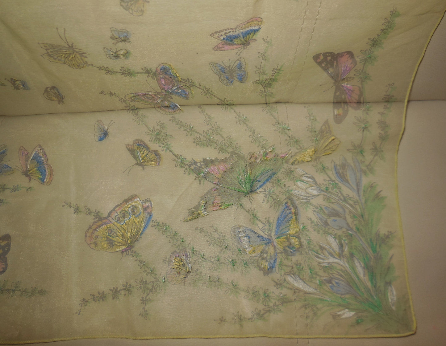 Vintage Chiffon Scarf 1950s Light Yellow Sheer Scarf Painted Pastel Butterfly Design Butterflies Rockabilly Boho