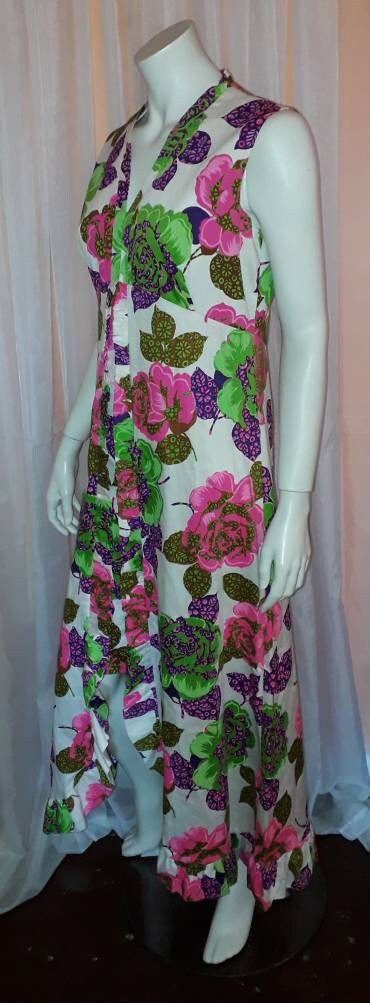 Vintage 1960s Dress Long Floral Green Pink White Cotton Blend Hawaiian Dress Boho L