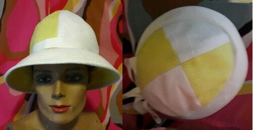SALE Vintage Summer Hat 1950s 60s Bright Yellow White Wide Brim Cotton Linen Bucket Hat Lg Bow Mid Century 21 in.
