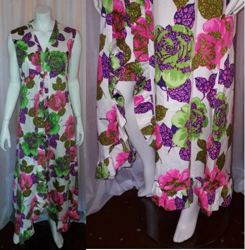 Vintage 1960s Dress Long Floral Green Pink White Cotton Blend Hawaiian Dress Boho L