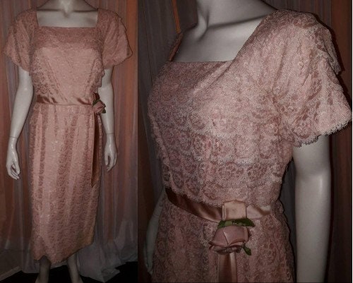 SALE Vintage 1950s Dress Pink Tiered Lace Party Wiggle Dress Satin Rose Trim Mid Century Rockabilly M