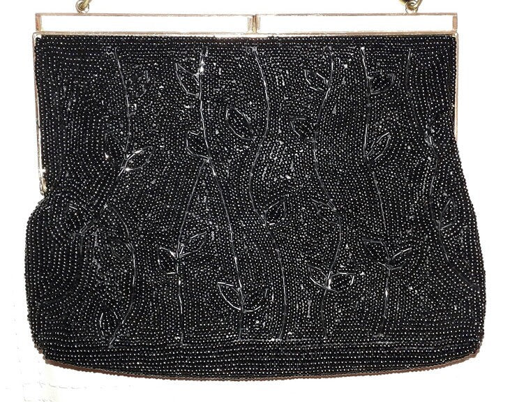 SALE Vintage 1940s 50s Purse Tiny Black Seed Bead Abstract Designs Mother of Pearl Trim Evening Bag German Art Deco Rockabilly