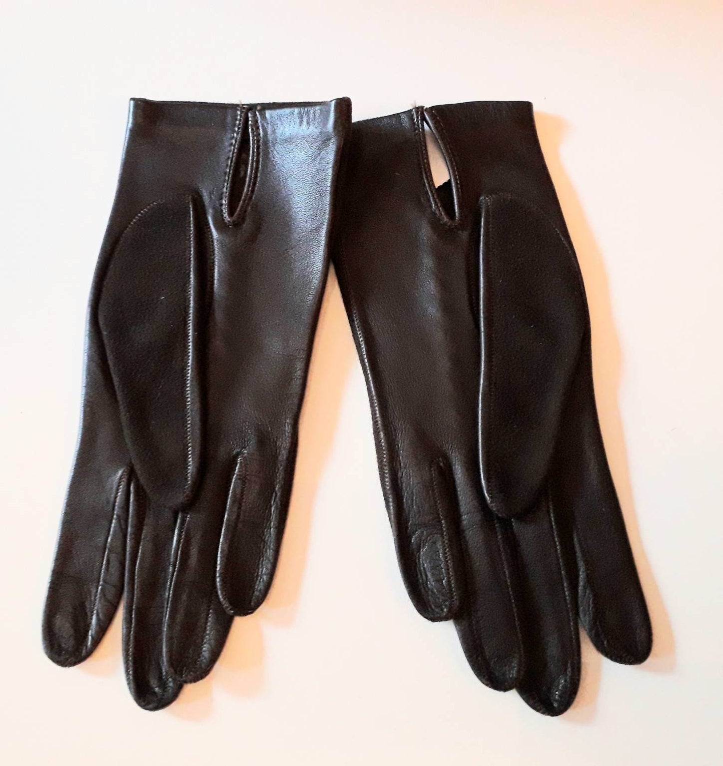 Vintage Leather Suede Gloves 1950s Very Thin Dark Brown Gloves Tiny Leather Embossed Circles Elegant Rockabilly 6 3/4