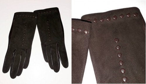 Vintage Leather Suede Gloves 1950s Very Thin Dark Brown Gloves Tiny Leather Embossed Circles Elegant Rockabilly 6 3/4