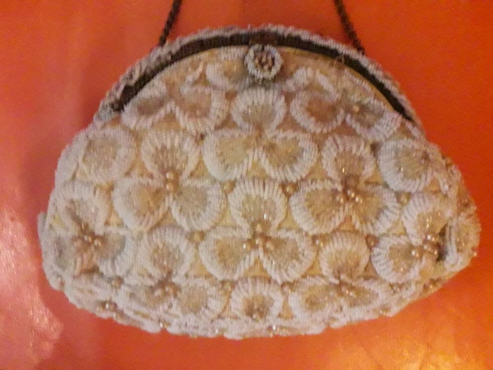 SALE Vintage Designer Purse 1940s 50s Elizabeth Arden Beaded Evening Bag Seed Beads Faux Pearls Floral Pattern Elegant AS IS missing beads