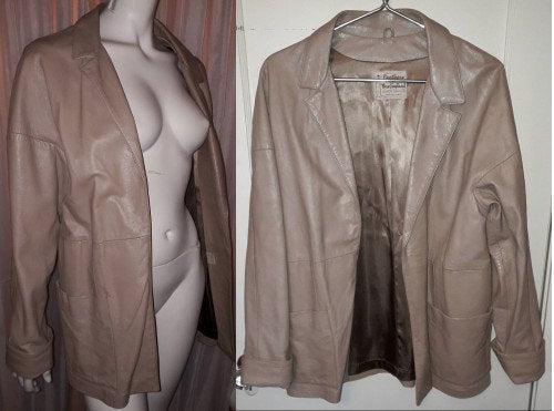 SALE Vintage Leather Jacket 1950s 60s Beige Buff Leather Clutch Jacket Open Front New England Sports Wear Rockabilly Boho M chest to 38 in.