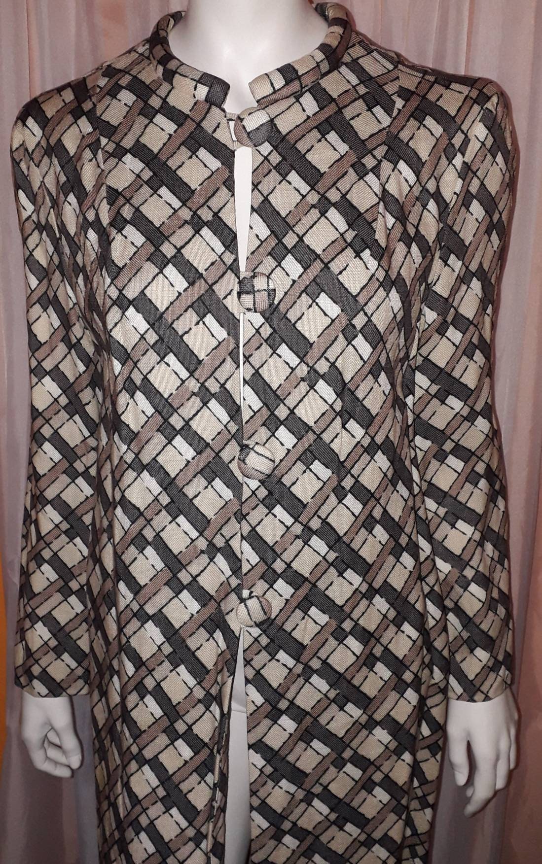 SALE Vintage 1960s Coat Lightweight Abstract Mod Geometric Print Coat Brown Beige Linen Blend Large Buttons Loops Boho M L