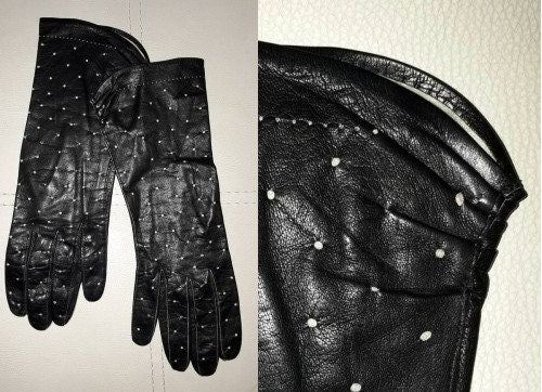 SALE Vintage Leather Gloves 1950s Midlength Thin Black Perforated Kidskin Gloves Ruching Sexy Glamour Pinup Burlesque 7