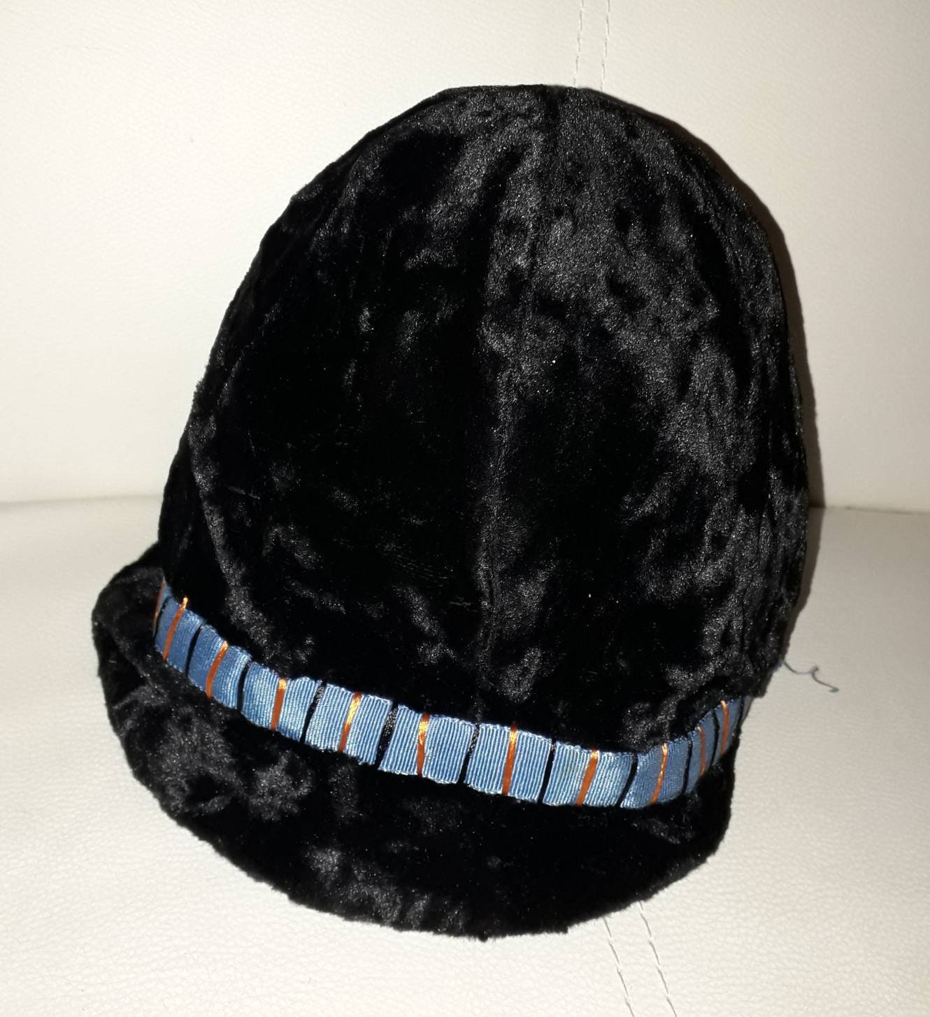 Unworn Vintage Childs Hat 1930s 40s 50s Black Velvet Bucket Hat Cap Colored Ribbon Accent NWT German Art Deco 20 in.