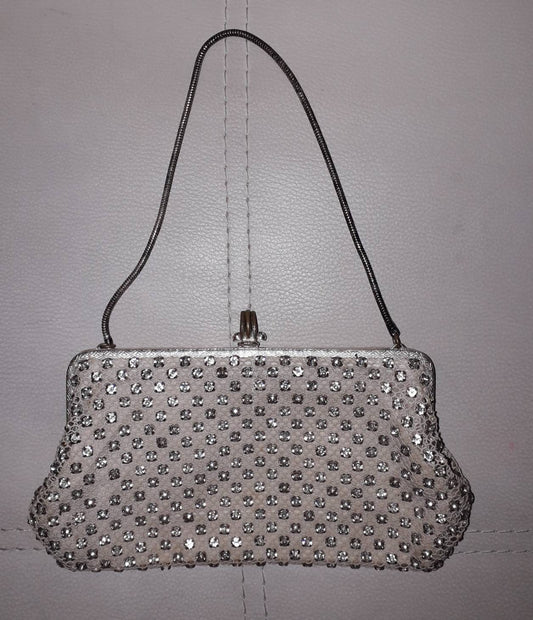 Vintage 1950s Rhinestone Purse Small Evening Bag Prong Set Rhinestones Unique Clasp German Rockabilly small issues