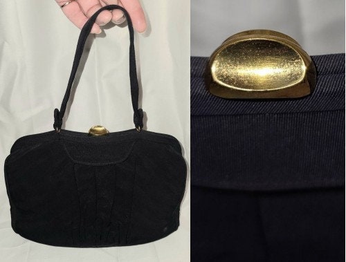 SALE Vintage 1930s 40s Purse Dark Navy Blue Small Fabric Handbag Top Handle Art Deco Rockabilly