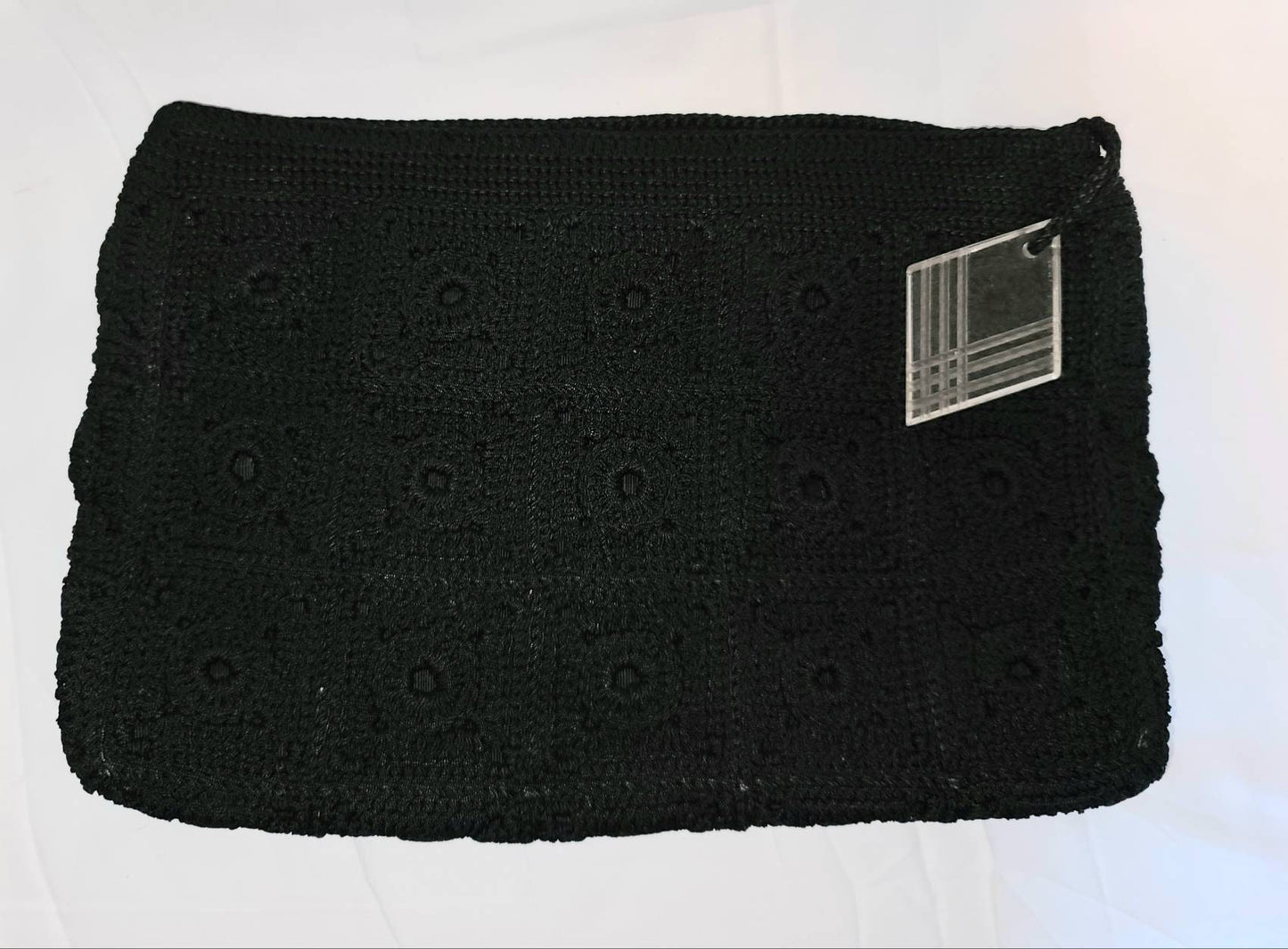 SALE Vintage 1940s Purse Large Black Crochet Clutch Handbag Carved Lucite Diamond Zipper Pull WWII Art Deco Rockabilly