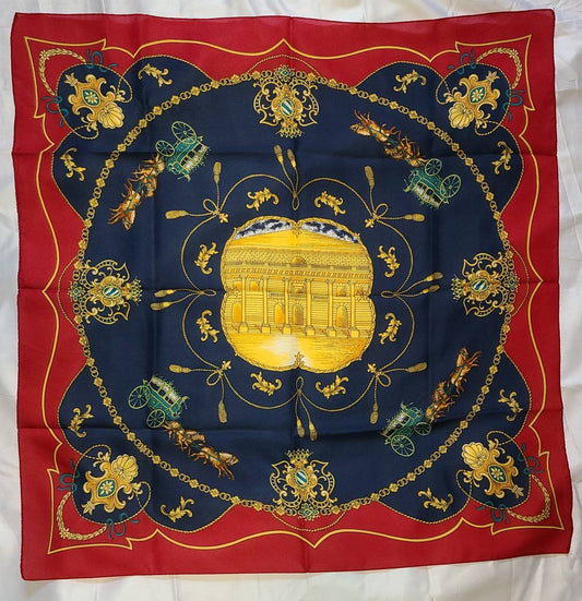 Vintage Equestrian Scarf 1960s 70s Thin Rayon Dark Blue Gold Red Horse Building Print Scarf Famous Building Boho 29.5 x 30.5 in.