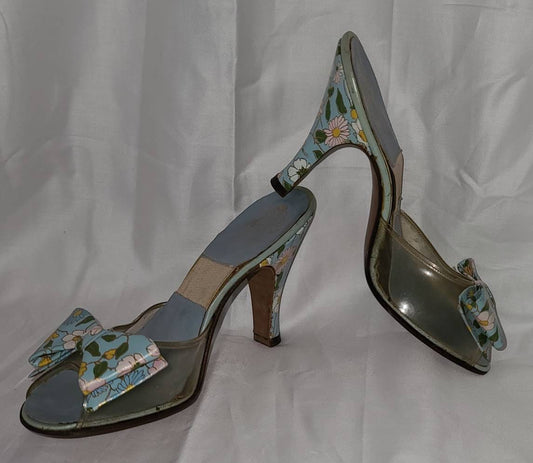 Vintage Springolators 1950s Blue Floral Print Clear Vinyl Springolators Slip On Mules Heels Bows Rockabilly Pinup XS