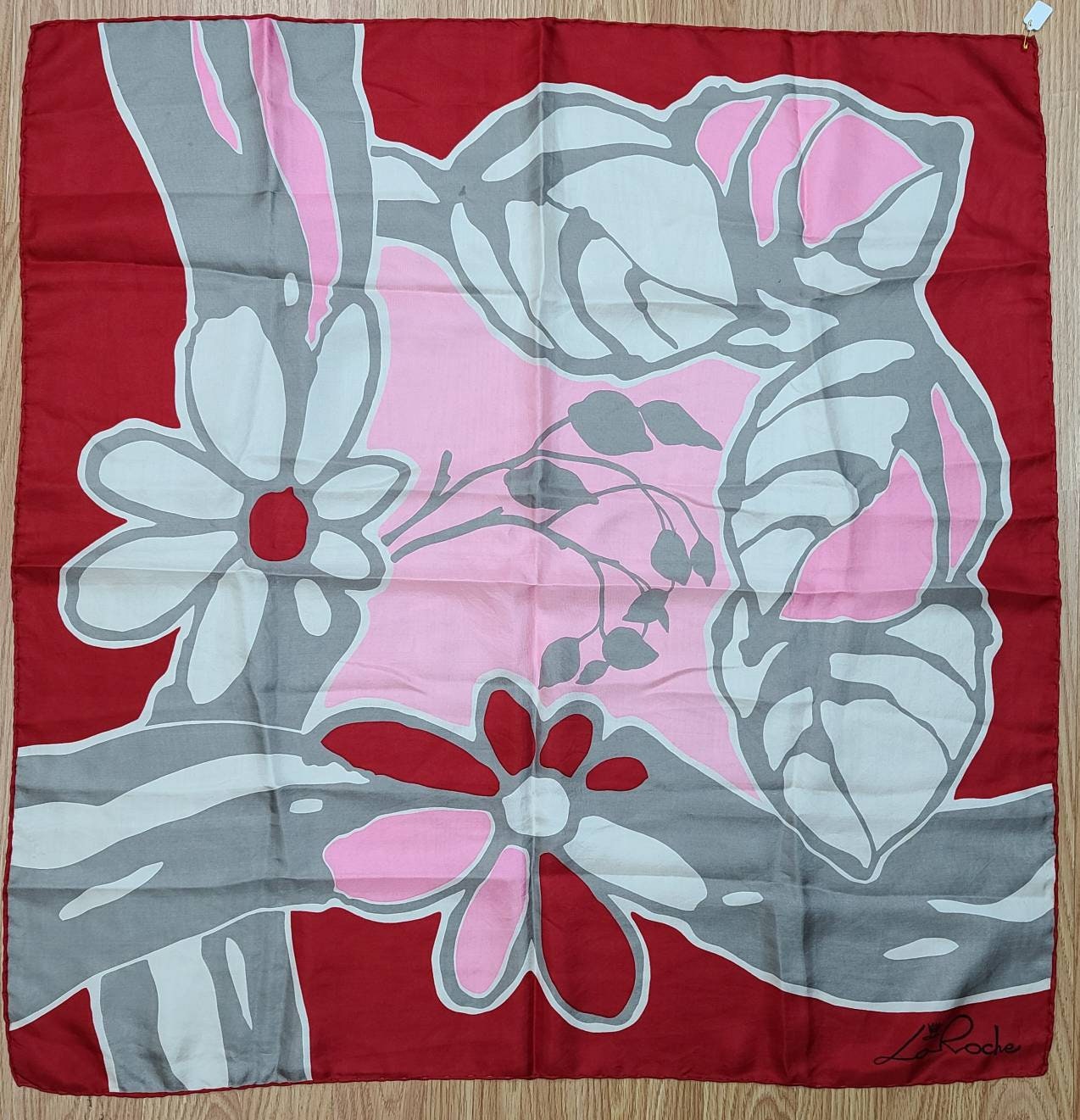 Vintage Silk Scarf 1960s de la Roche Designer Scarf Red White Pink Abstract Floral Pattern Hand Rolled Edges Mod 30 in. sq.
