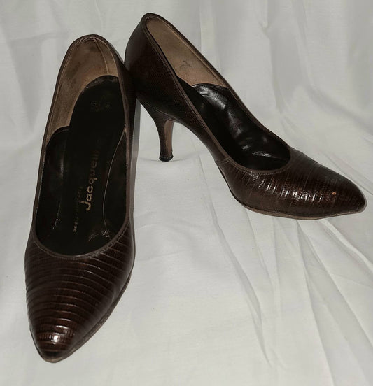 SALE Vintage 1950s Pumps Brown Snakeskin Lizard or Leather Heels Styled by Jacqueline Rockabilly 5 1/2 M