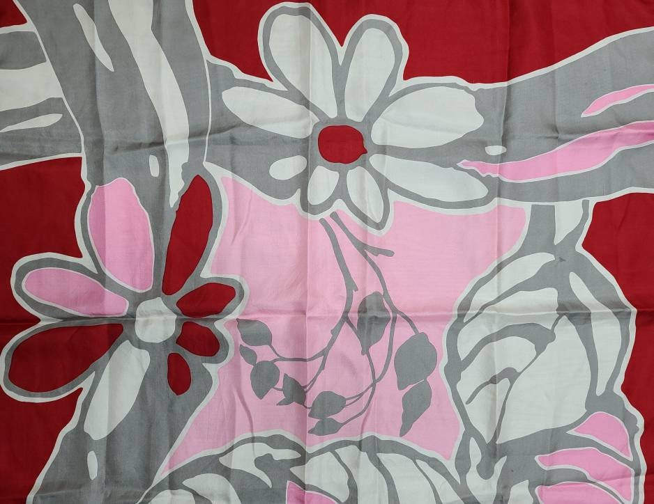 Vintage Silk Scarf 1960s de la Roche Designer Scarf Red White Pink Abstract Floral Pattern Hand Rolled Edges Mod 30 in. sq.