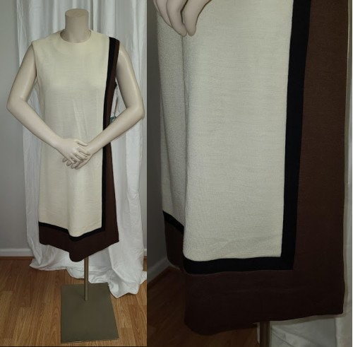 SALE Unworn Vintage 1960s Dress Geometric Wool Blend Sheath Dress Cream Brown Black NWT Mod Op Art M L chest hips 39 in.