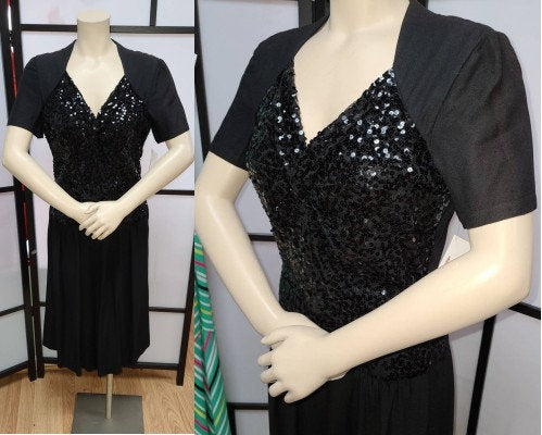 SALE Vintage 1940s Dress Black Rayon Crepe Sequin Dress Film Noir Rockabilly Swing Jive S chest 37 in.