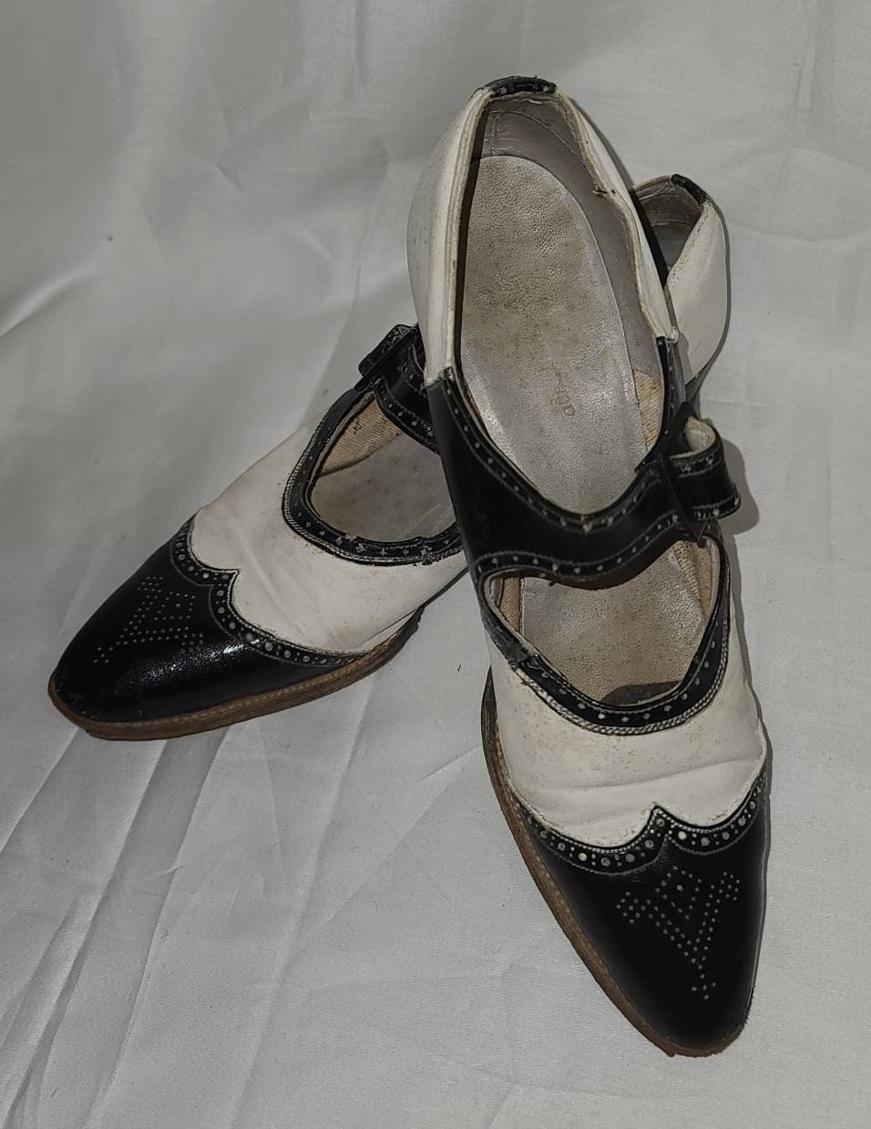 SALE Vintage 1920s Shoes Unique Black White Leather Spectator Wing Tip Shoes Plastic Buckles Mary Jane Style Art Deco Flapper
