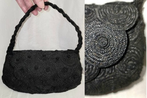 SALE Vintage 1950s Purse Black Straw Rosette Handbag Josef Hand Made in Italy Rockabilly