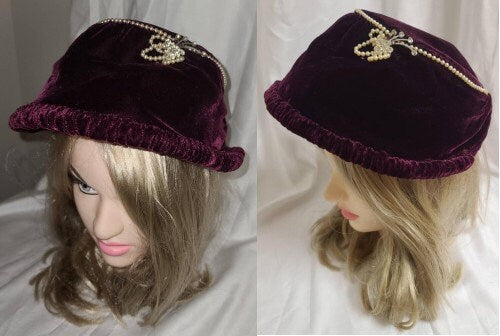 SALE Vintage 1940s Bonnet Style Hat Maroon Velvet Hat Tiny Pearl Trim Rhinestone Ornament Rockabilly 21.5 in.
