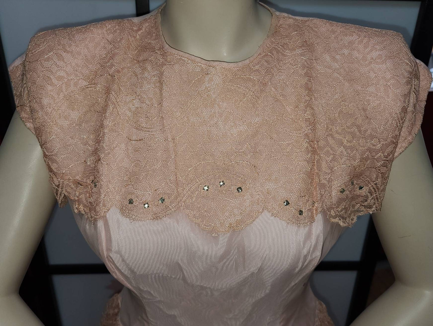 SALE Vintage Formal Dress 1950s Long Pink Lace Rhinestone Peplum Gown Prom Dress Rockabilly S M chest 38 in. some flaws