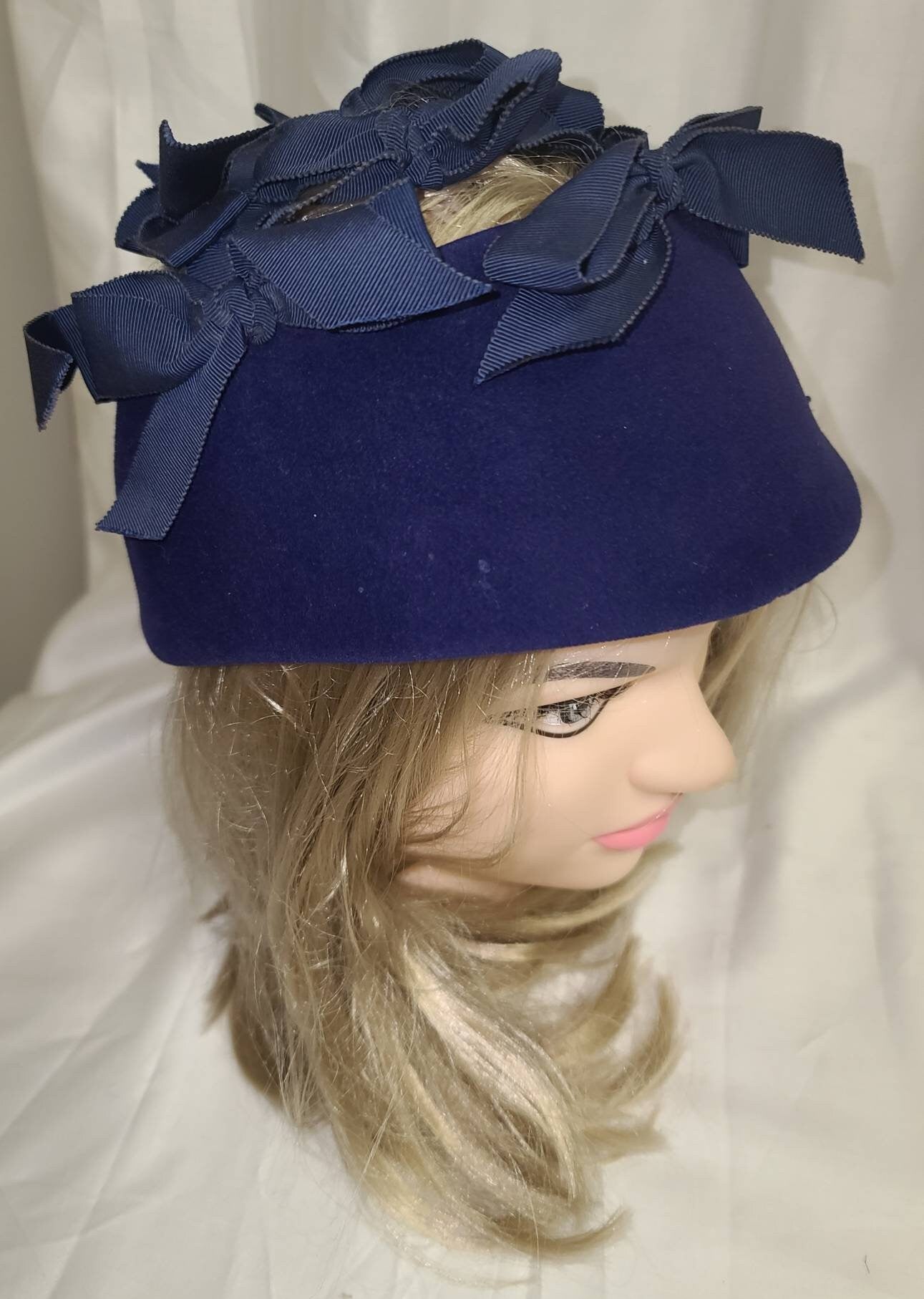 SALE Vintage 1950s Hat Blue Velvet Open Top with Large Ribbon Bows Mr. John Rockabilly 22 in.