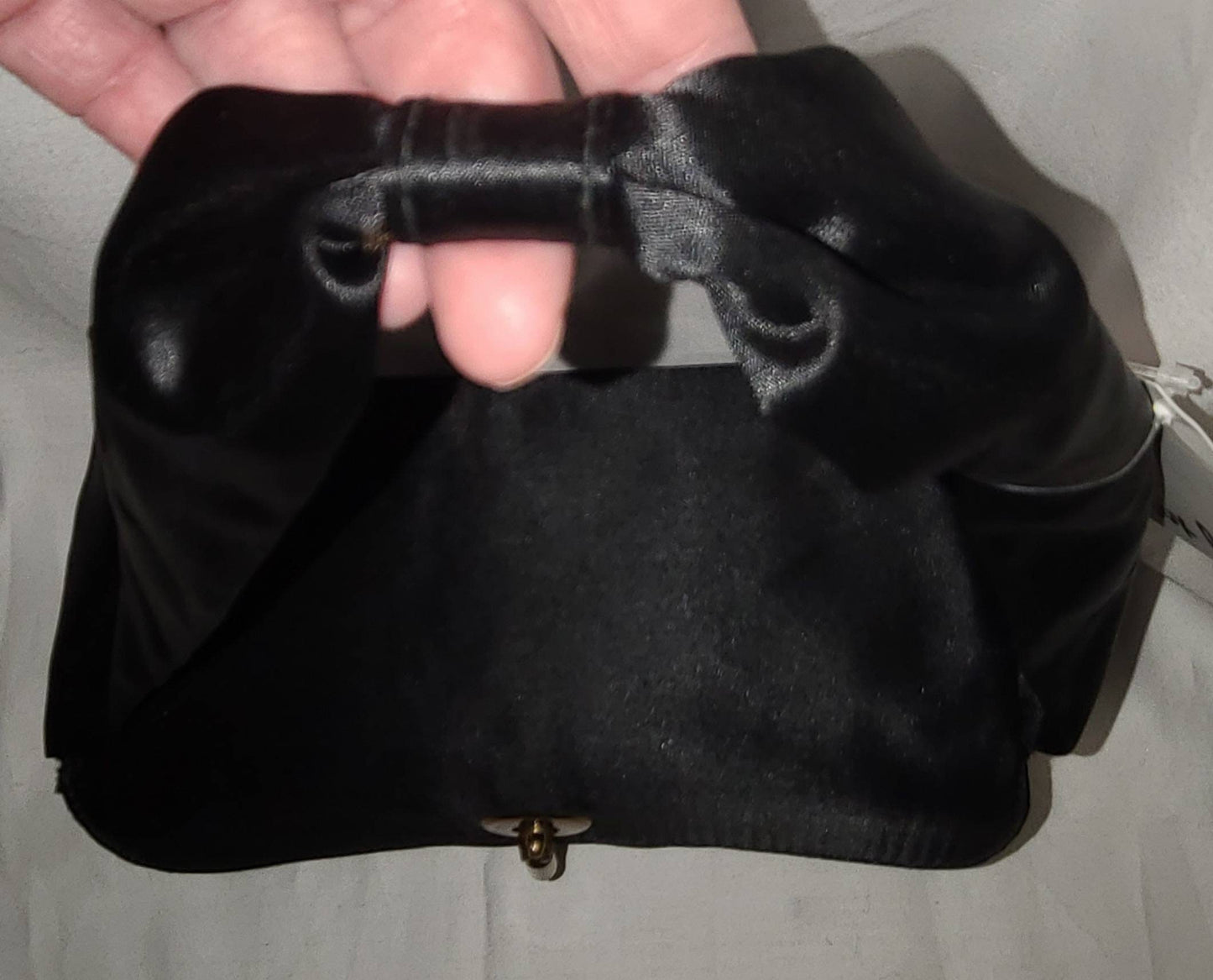 Unused Vintage 1940s Purse Small Black Satin Box Purse Evening Bag Bow Handle Unique Clasp Art Deco Film Noir Rockabilly
