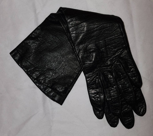 Vintage Leather Gloves 1950s Mid Length Black Leather Kidskin Lined Gloves Rockabilly Pinup Fetish