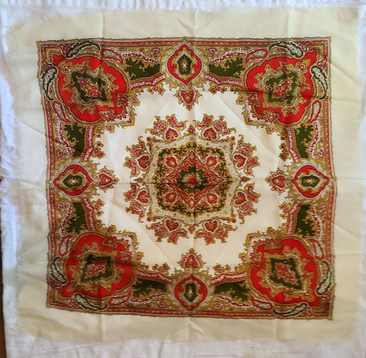 Vintage Wool Feel Scarf 1970s 80s Cream Scarf Red Gold Medallion Pattern Scarf Small Fringe Boho 29 x 30.5 in.